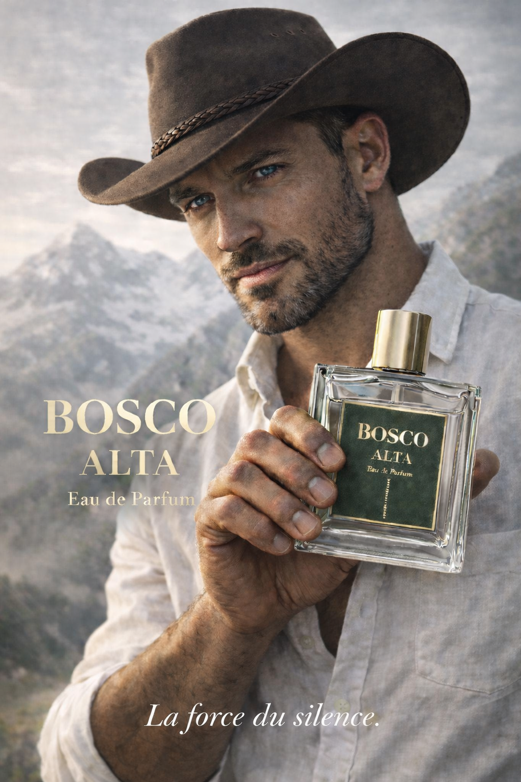 Homme en montagne tenant le flacon de parfum BOSCO ALTA