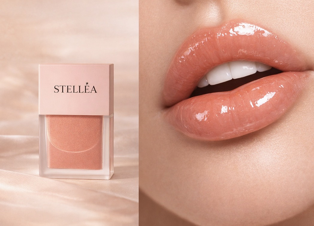 Gloss à l`vre peach STELLÉA - effet brillant naturel sur les lèvres hydratées.
