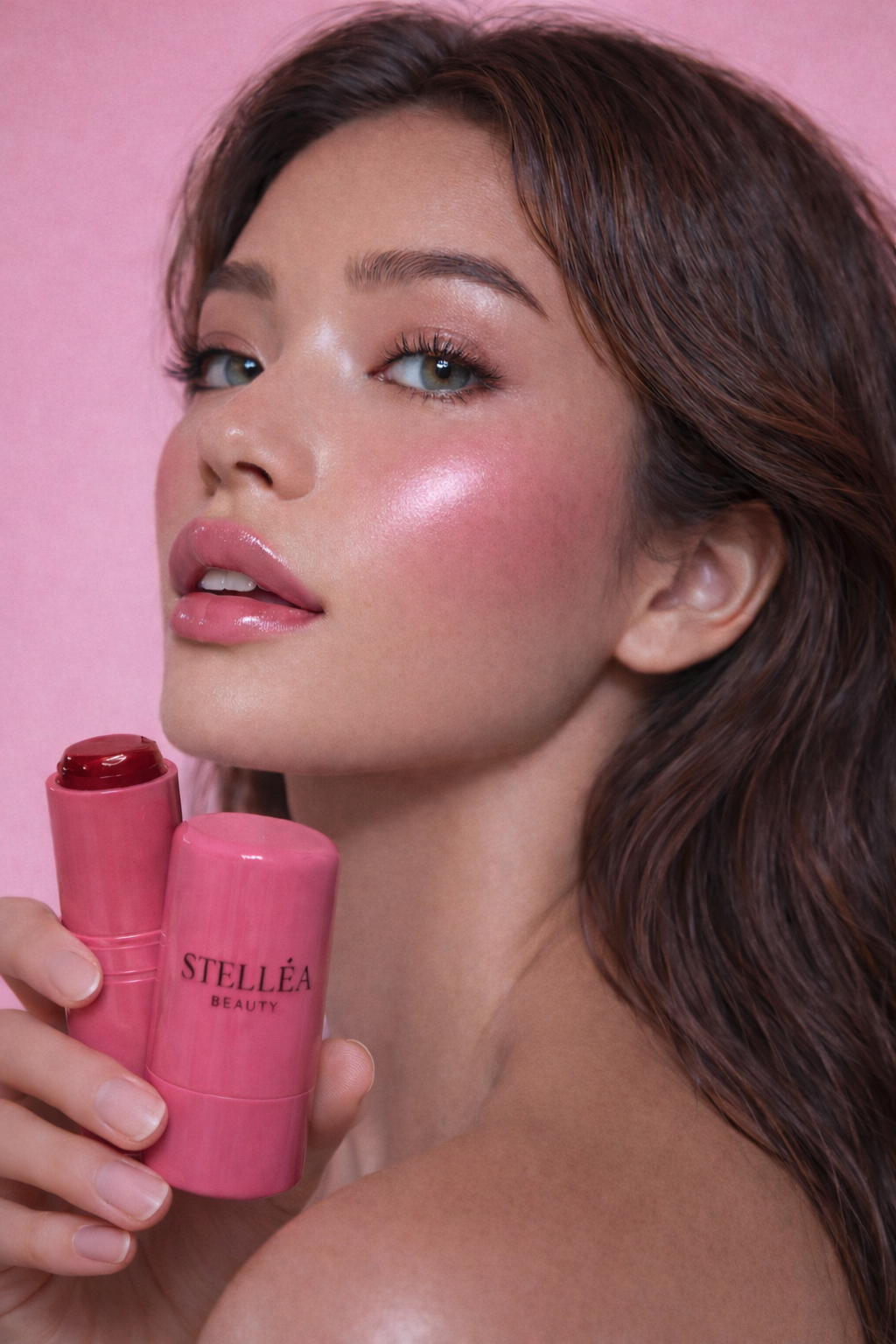 Gel blush Stellea pour lèvres et joues-texture gel fraîche, fini naturel avec lip gloss Stellea par dessus 